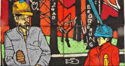 Ein Werk von Fredrik Lindquist im Ausschnitt: ein Holzschnitt, auf Gewebe gedruckt und vernäht. Foto: Michael Schreiner